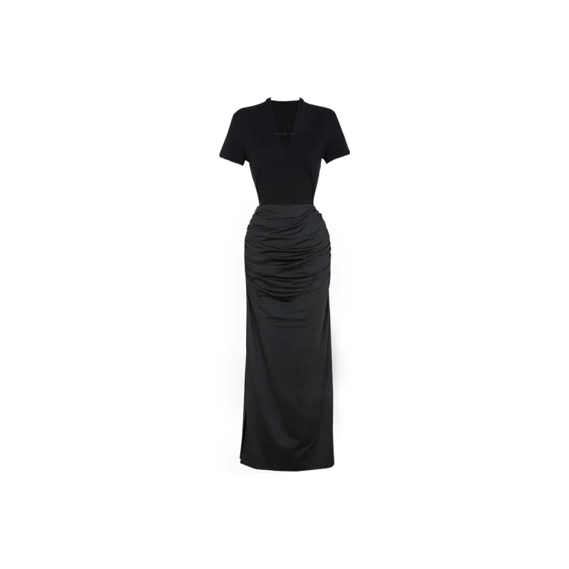 BSEVENI Короткое платье с короткими рукавами женское черное