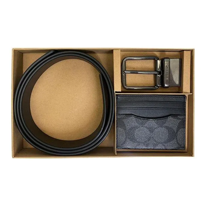 COACH Boxed Покрытый холст с утонченной коровьей кожей ремень держатель для карт мужской бронза углерод черный