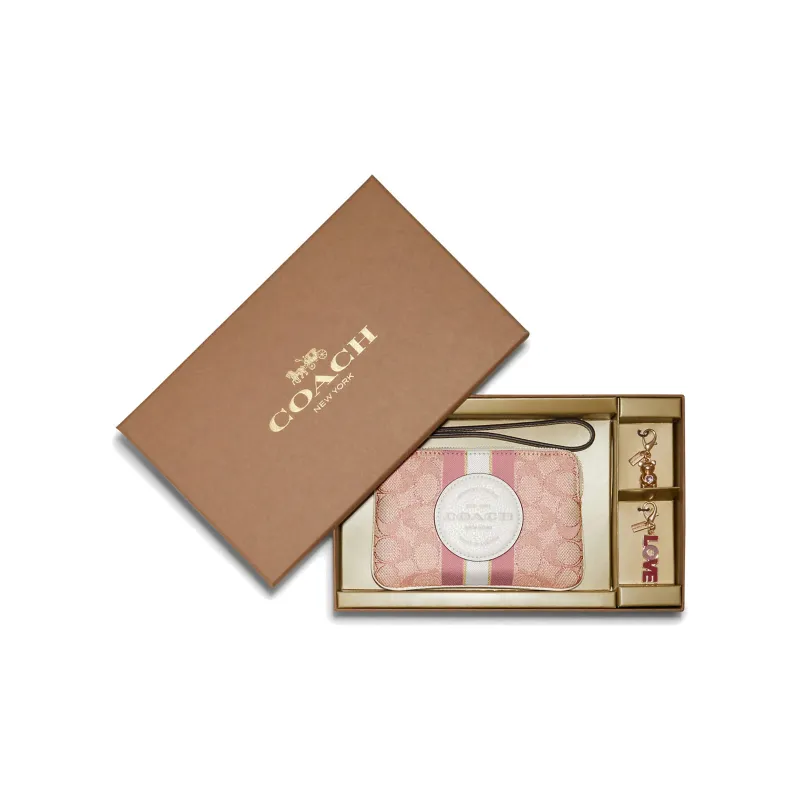 COACH Boxed Ткань с кожаными вставками запястный клатч подарочный набор в коробке маленький женский цвет вишневый цветок розовый