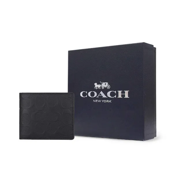 COACH 3 IN 1 Wallet Крестовая текстура Коровья кожа Кошелек Мужской Черный